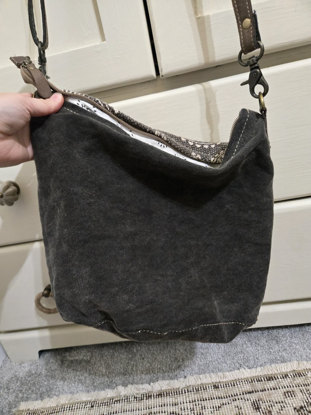 Myra Bag: Charcoal & Brown Patterned Canvas Crossbody Bag with Leather Flap